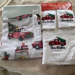 Red truck Christmas bathroom set.